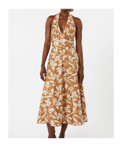 Max Mara Halterneck Printed Cotton Midi Dress In Brown