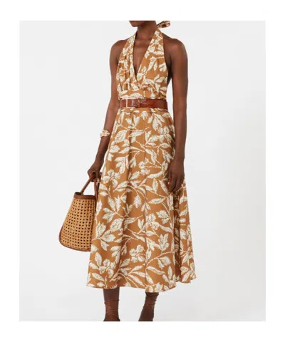 Max Mara Halterneck Printed Cotton Midi Dress In Brown