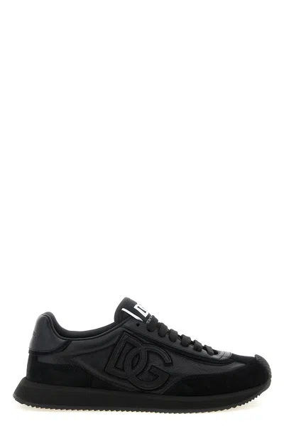 Dolce & Gabbana Round Toe Leather Sneakers With Suede Accents In Black