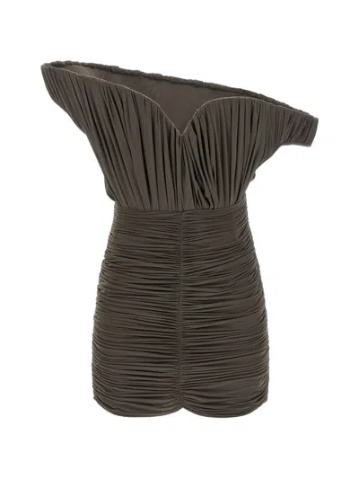 Magda Butrym Sculptural One-shoulder Mini Dress With Rose Petal Detail In Brown