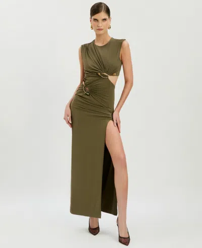 Bardot Felix Slinky Sleeveless Gold Hardware Cutout Detail Thigh Split Maxi Dress In Green