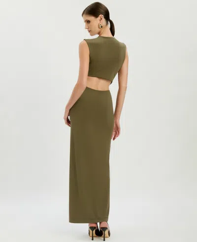 Bardot Felix Slinky Sleeveless Gold Hardware Cutout Detail Thigh Split Maxi Dress In Green