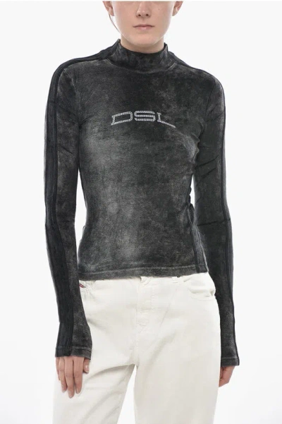 Diesel Mock-neck Chenille Top T-slim-n1 With Rhinestone Logo In Black ...