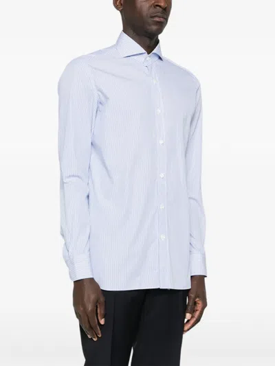 Borrelli Tailored White Cotton Shirt With Classic Collar And Structured Cuffs In Blue