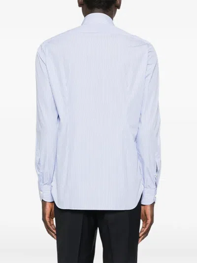 Borrelli Tailored White Cotton Shirt With Classic Collar And Structured Cuffs In Blue