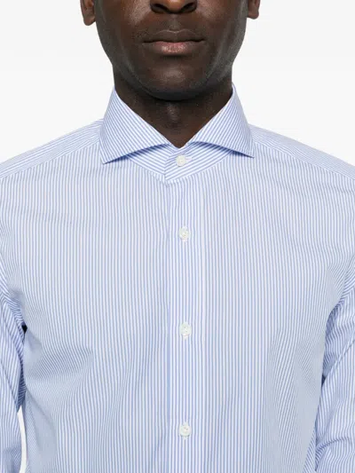 Borrelli Tailored White Cotton Shirt With Classic Collar And Structured Cuffs In Blue