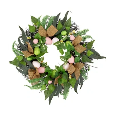 Northlight Easter Egg And Burlap Ribbon Mixed Foliage Twig Wreath In Multi