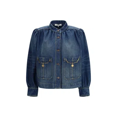 Chloé Blue Jacket With High Neck And Chain Detail On The Front In Denim Woman