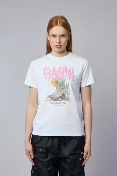 Ganni Graphic Print Relaxed Fit Short Sleeve Top In White
