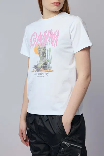 Ganni Graphic Print Relaxed Fit Short Sleeve Top In White