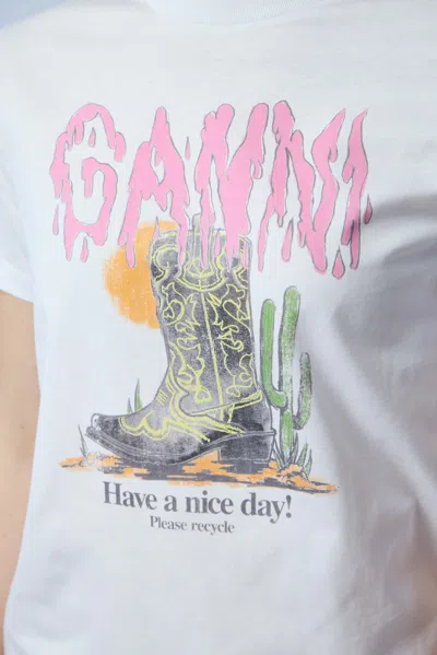 Ganni Graphic Print Relaxed Fit Short Sleeve Top In White