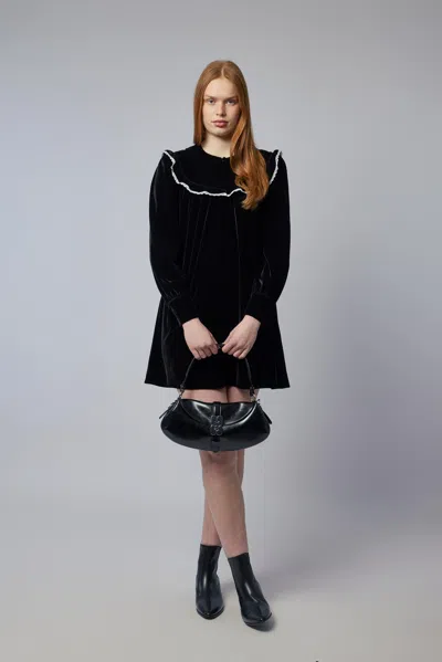 Ganni Stretch Velvet Jersey Collar Mini Dress In Black