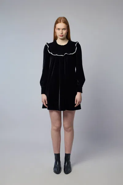 Ganni Stretch Velvet Jersey Collar Mini Dress In Black