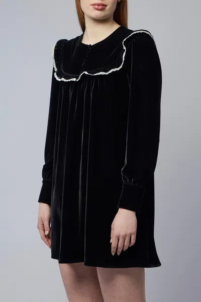 Ganni Stretch Velvet Jersey Collar Mini Dress In Black