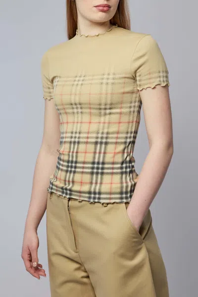 Burberry Womens Sand Ip Check Gradient-check Stretch-cotton Top In Brown