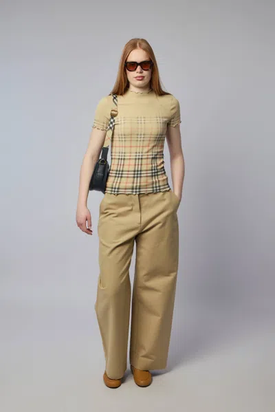 Burberry Womens Sand Ip Check Gradient-check Stretch-cotton Top In Brown