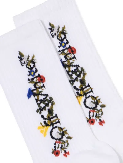 Off-white Floral Pattern Mid Socks In White
