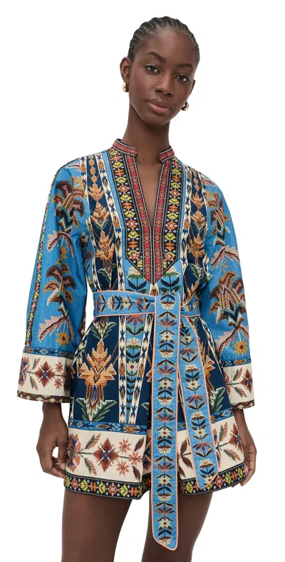 Farm Rio Blue Dress With V-neck And All-over Floral Motif In Fabric Woman In Multi