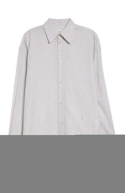 Saint Laurent Stripe Longline Cotton Button-up Shirt In Gray