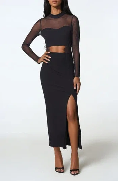 Bebe Rib Mock Neck Maxi Dress With Powermesh In Black