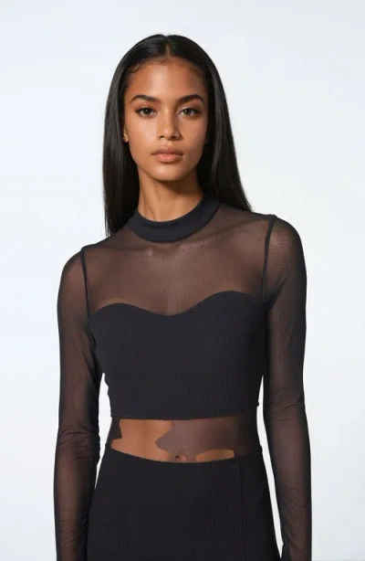 Bebe Rib Mock Neck Maxi Dress With Powermesh In Black