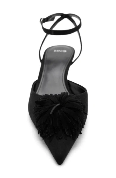 Mango Pompom Ankle Strap Kitten Heel Pump In Black