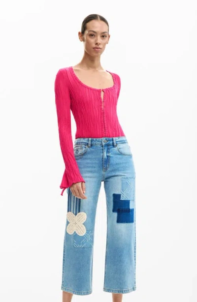 Desigual Patchwork Crop Jeans In Blue