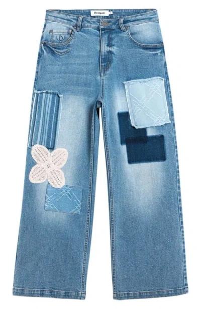 Desigual Patchwork Crop Jeans In Blue
