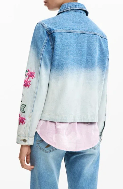 Desigual Floral Embroidered Denim Trucker Jacket In Blue