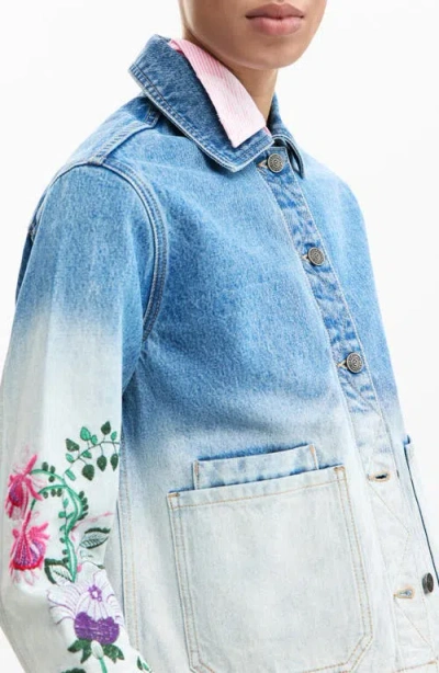 Desigual Floral Embroidered Denim Trucker Jacket In Blue