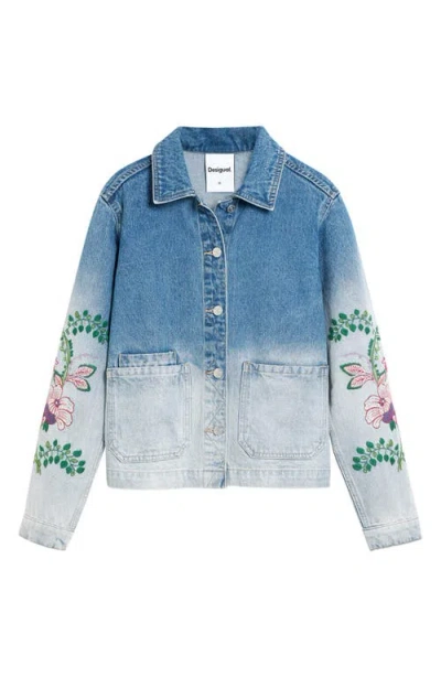 Desigual Floral Embroidered Denim Trucker Jacket In Blue