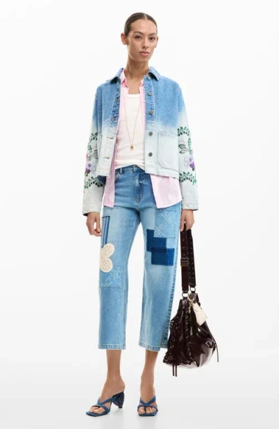 Desigual Floral Embroidered Denim Trucker Jacket In Blue