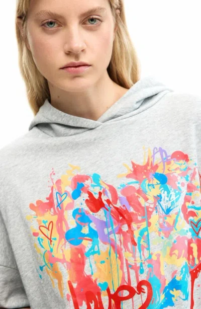 Desigual Mickey Mouse Paint Splattered Fleece Graphic Hoodie In Gray