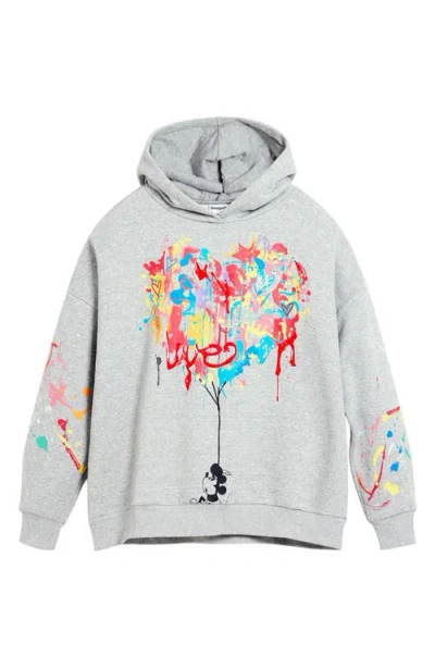 Desigual Mickey Mouse Paint Splattered Fleece Graphic Hoodie In Gray