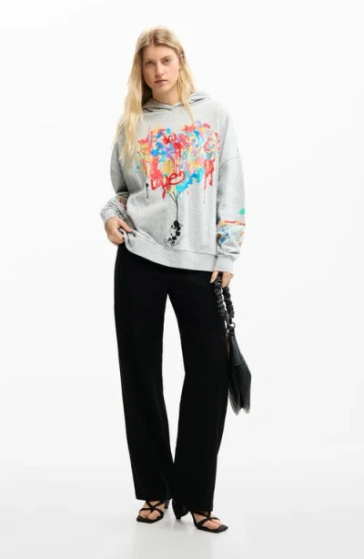 Desigual Mickey Mouse Paint Splattered Fleece Graphic Hoodie In Gray