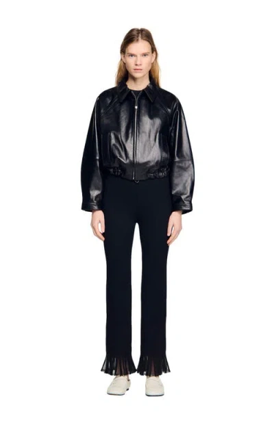 Sandro Lambskin Leather Jacket In Black