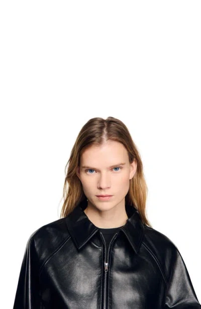Sandro Lambskin Leather Jacket In Black