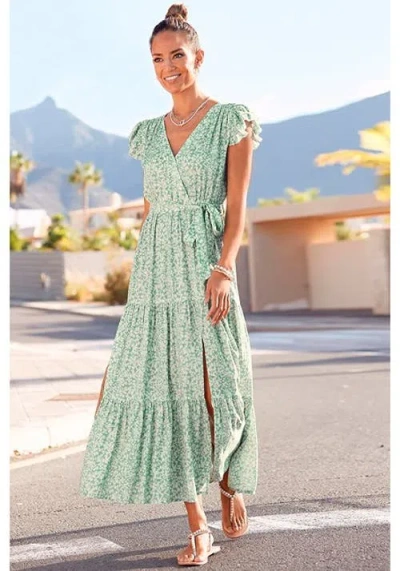Lascana Flutter Sleeve Maxi Dress Green Patterned In Green