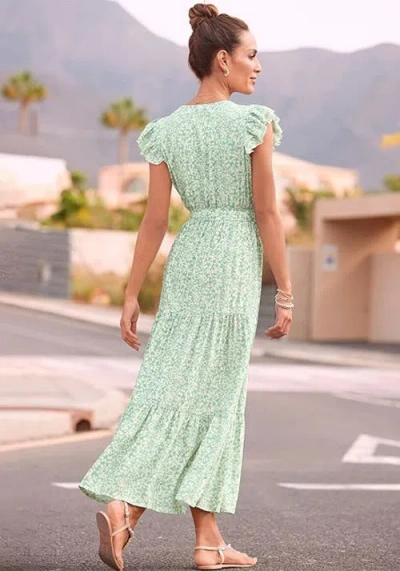 Lascana Flutter Sleeve Maxi Dress Green Patterned In Green