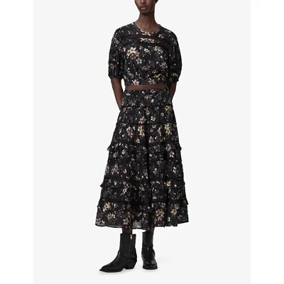 Allsaints Womens Vine Black Talia Floral-print Modal Maxi Skirt
