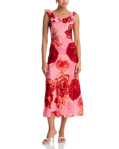 Milly Scarlett Printed Ruffle Neck Midi Dress In Pink