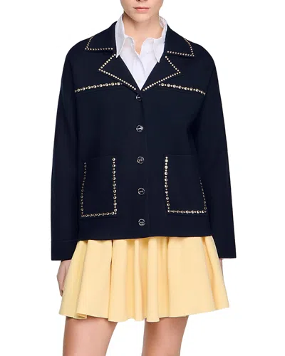 Sandro Studded Blazer Collar Cardigan In Blue