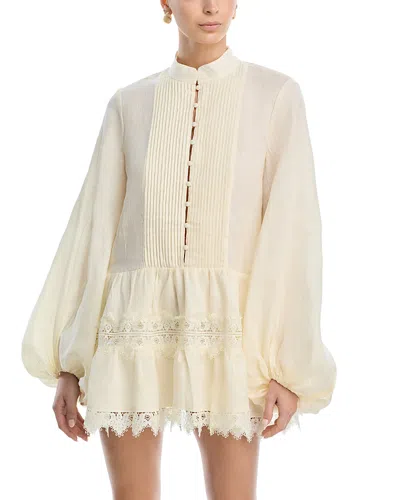 Bardot Antonia Lace Trim Long Sleeve Linen Minidress In Neutral