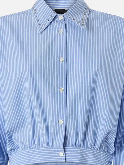 Pinko Charita Light Blue Shirt With Embellished Classic Collar And All-over Striped Motif In Cotton Woman