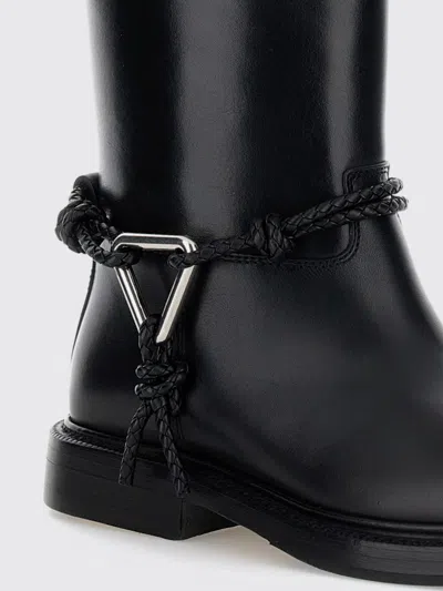 Bottega Veneta Women Black Ankle Boots With Metallic Detail On The Side And Applied Laces In Leather