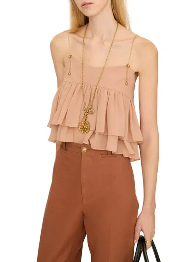 Chloé Tiered Ruffle Organic Silk Georgette Babydoll Top In Orange