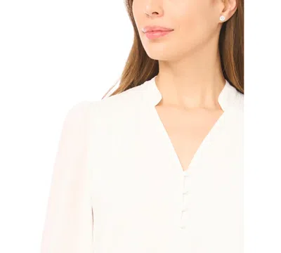 Cece Half Placket Smocked Accent Top In White
