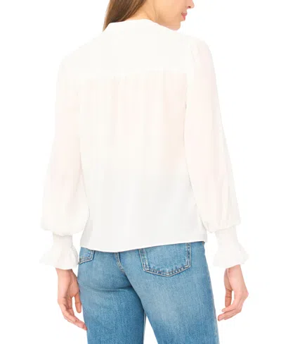 Cece Half Placket Smocked Accent Top In White
