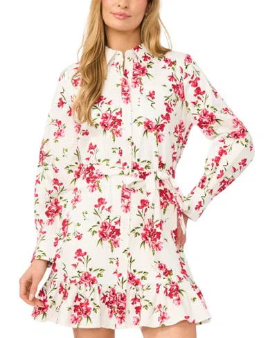 Cece Collared Button Down Long Sleeve Ruffle Mini Dress In White