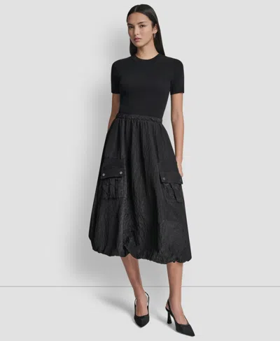 Dkny Mixed Media Cargo Pocket Midi Dress In Black